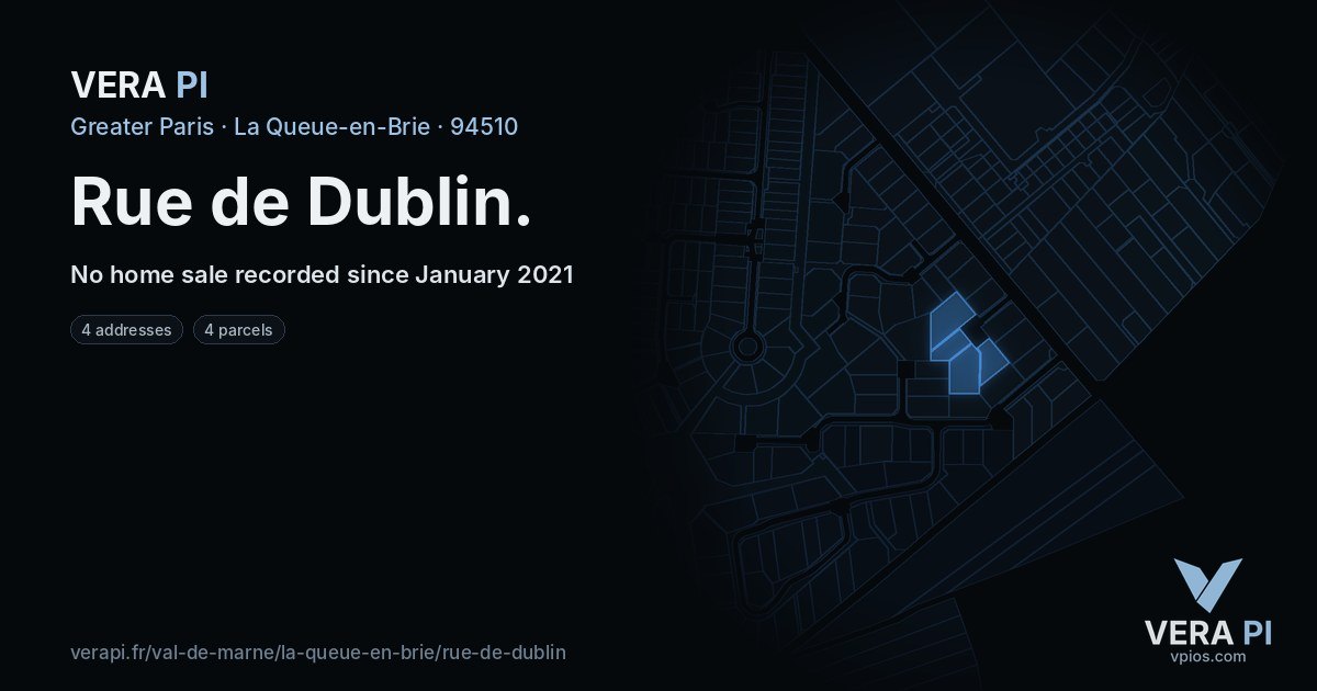 Rue de Dublin, La Queue-en-Brie at night – every parcel coloured by the prices around it, the street's own parcels lit