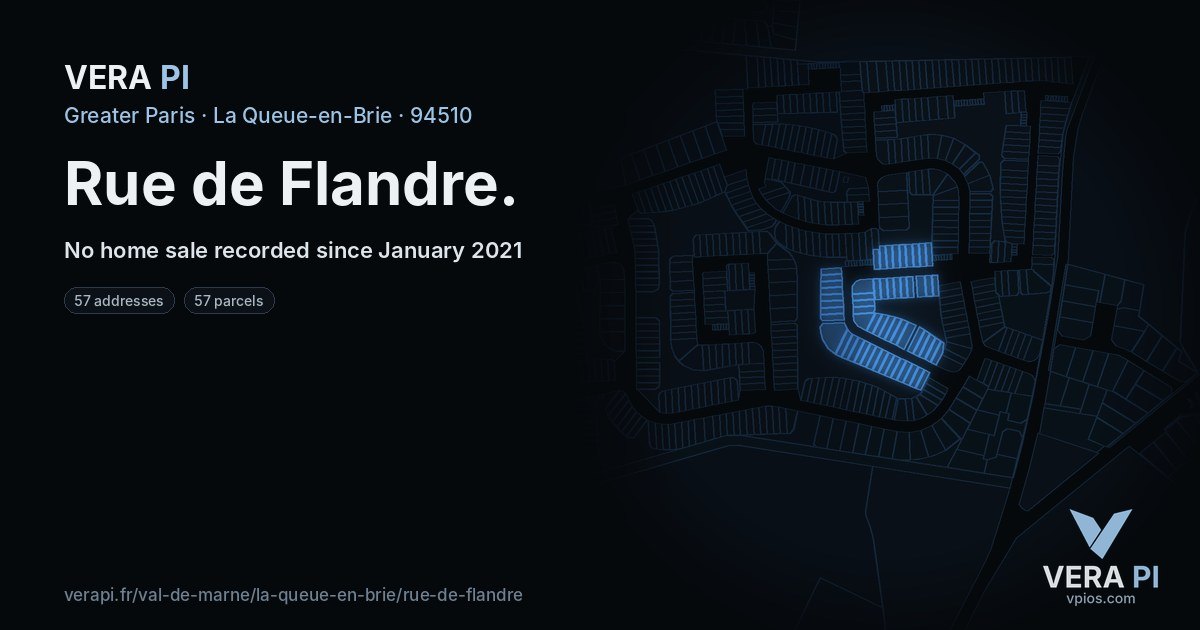 Rue de Flandre, La Queue-en-Brie at night – every parcel coloured by the prices around it, the street's own parcels lit
