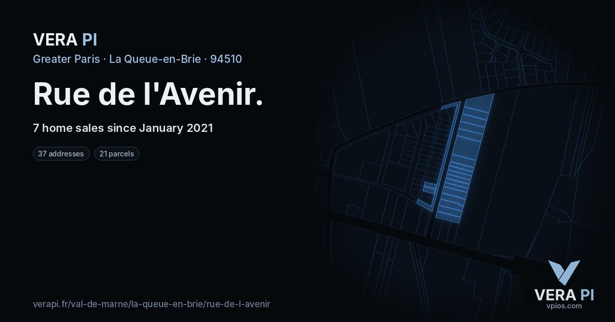 Rue de l'Avenir, La Queue-en-Brie at night – every parcel coloured by the prices around it, the street's own parcels lit
