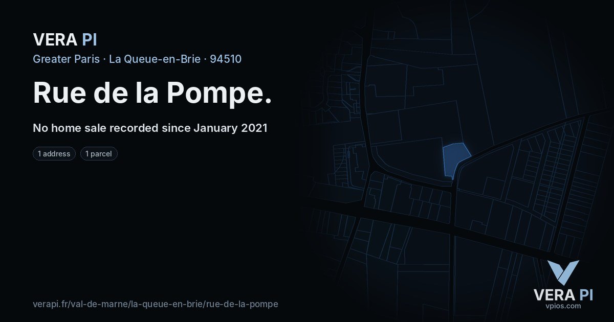 Rue de la Pompe, La Queue-en-Brie at night – every parcel coloured by the prices around it, the street's own parcels lit