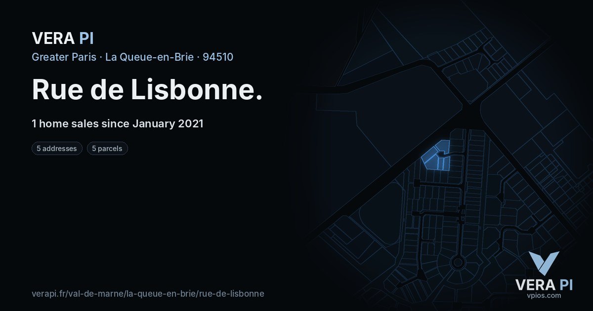 Rue de Lisbonne, La Queue-en-Brie at night – every parcel coloured by the prices around it, the street's own parcels lit