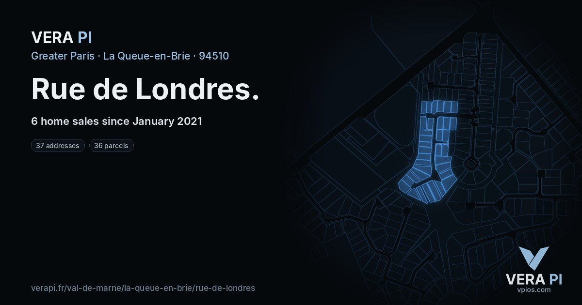 Rue de Londres, La Queue-en-Brie at night – every parcel coloured by the prices around it, the street's own parcels lit