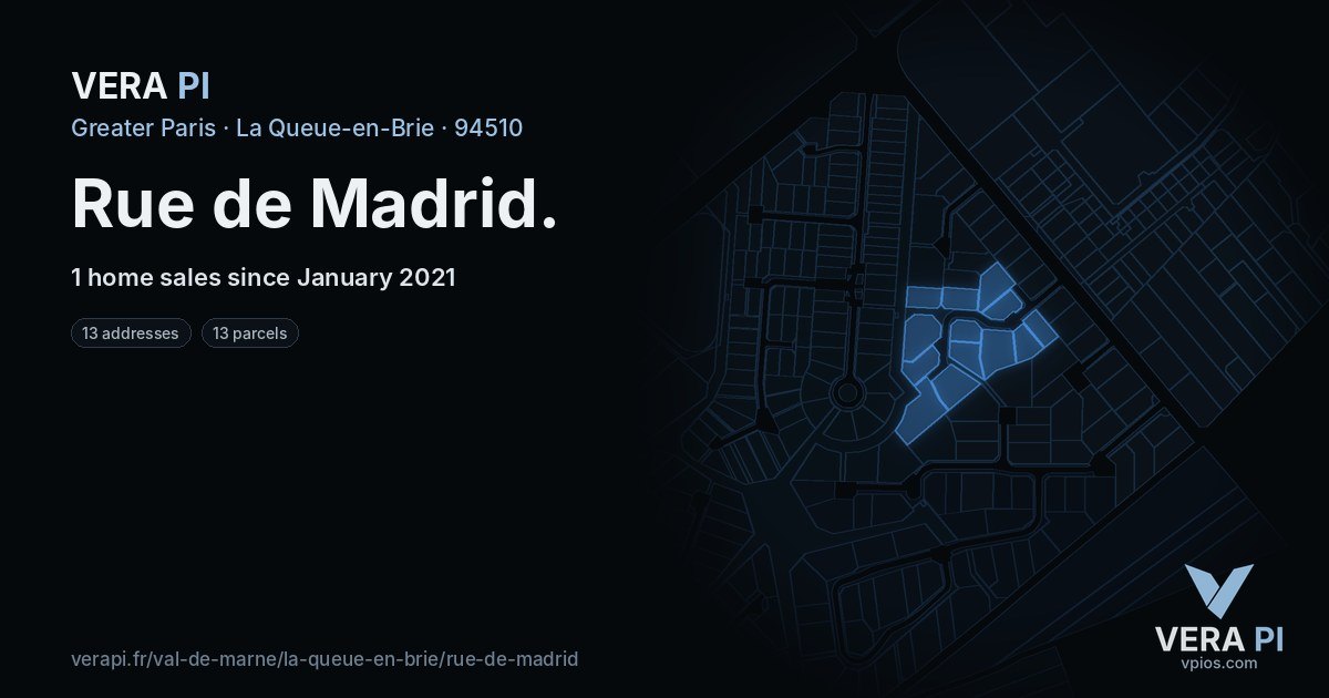 Rue de Madrid, La Queue-en-Brie at night – every parcel coloured by the prices around it, the street's own parcels lit
