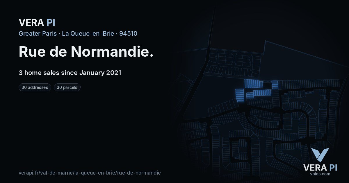 Rue de Normandie, La Queue-en-Brie at night – every parcel coloured by the prices around it, the street's own parcels lit