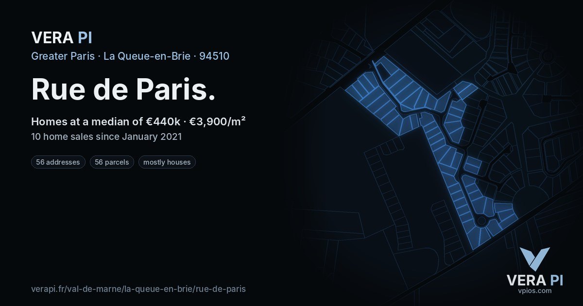 Rue de Paris, La Queue-en-Brie at night – every parcel coloured by the prices around it, the street's own parcels lit
