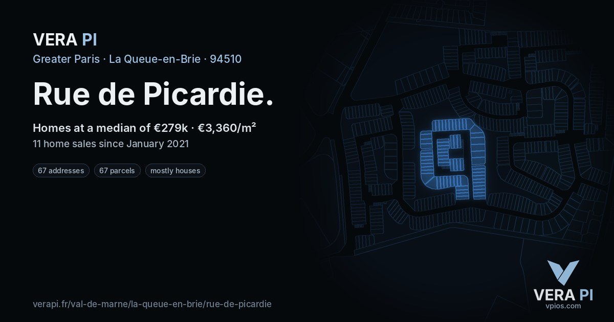 Rue de Picardie, La Queue-en-Brie at night – every parcel coloured by the prices around it, the street's own parcels lit