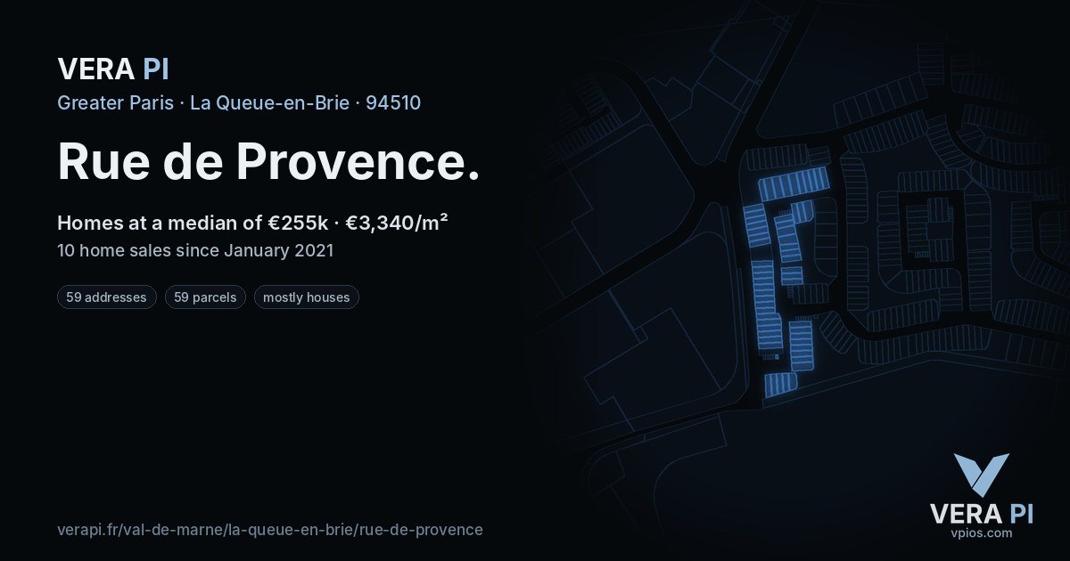 Rue de Provence, La Queue-en-Brie at night – every parcel coloured by the prices around it, the street's own parcels lit
