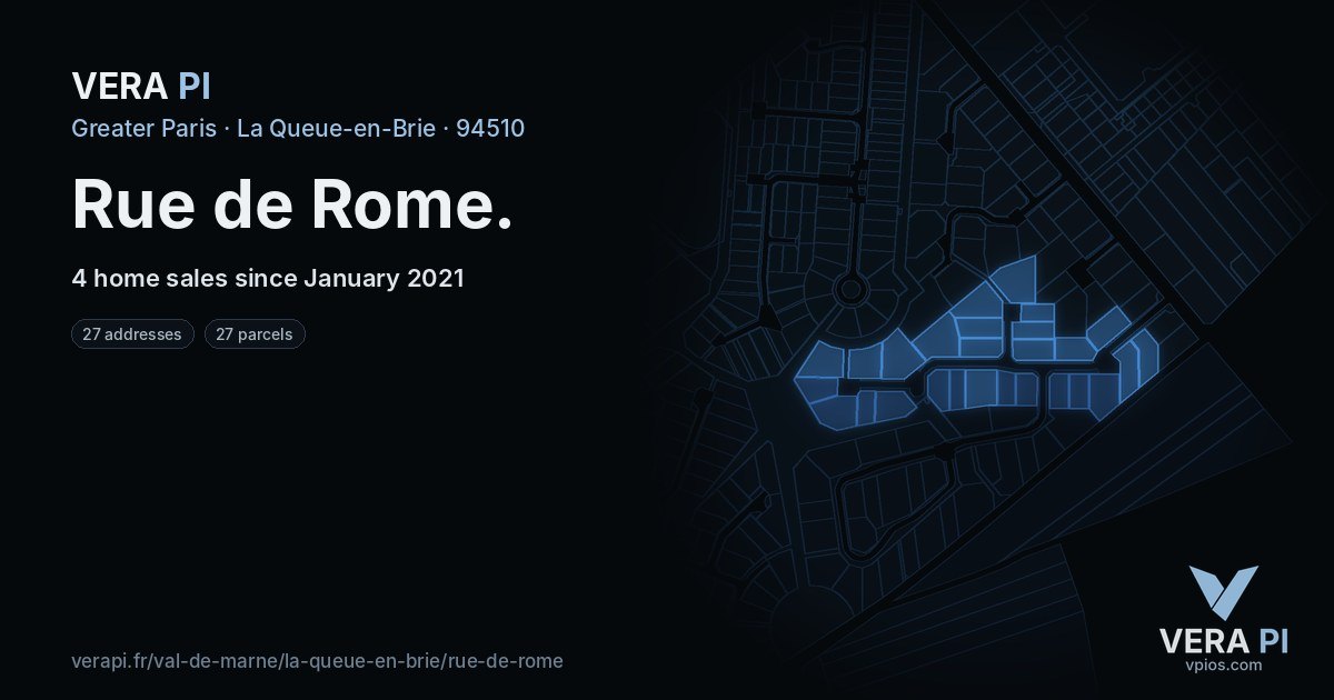 Rue de Rome, La Queue-en-Brie at night – every parcel coloured by the prices around it, the street's own parcels lit