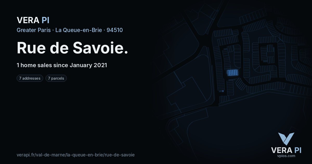 Rue de Savoie, La Queue-en-Brie at night – every parcel coloured by the prices around it, the street's own parcels lit