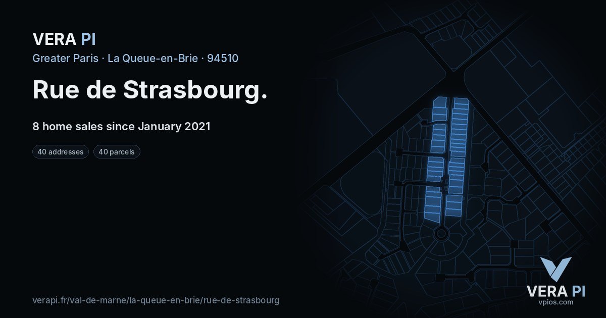 Rue de Strasbourg, La Queue-en-Brie at night – every parcel coloured by the prices around it, the street's own parcels lit