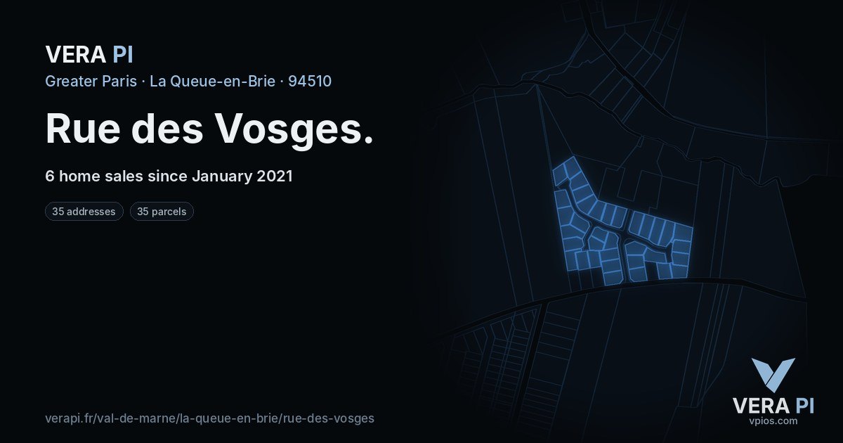 Rue des Vosges, La Queue-en-Brie at night – every parcel coloured by the prices around it, the street's own parcels lit