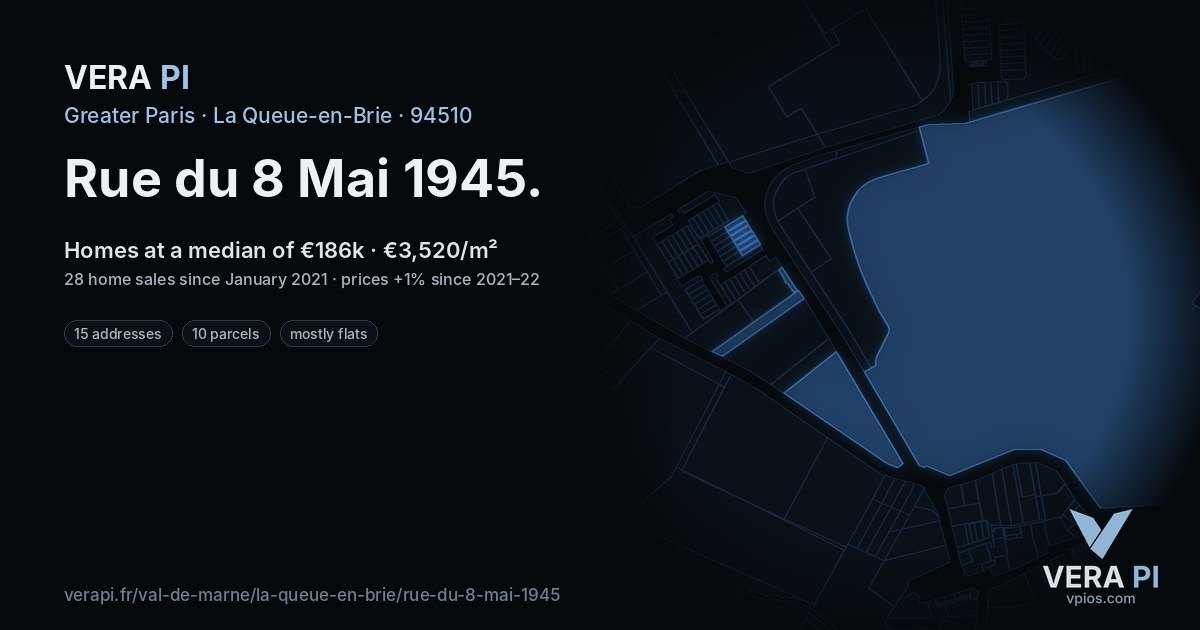 Rue du 8 Mai 1945, La Queue-en-Brie at night – every parcel coloured by the prices around it, the street's own parcels lit