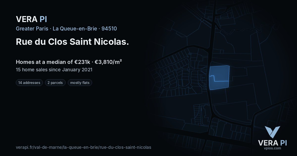 Rue du Clos Saint Nicolas, La Queue-en-Brie at night – every parcel coloured by the prices around it, the street's own parcels lit