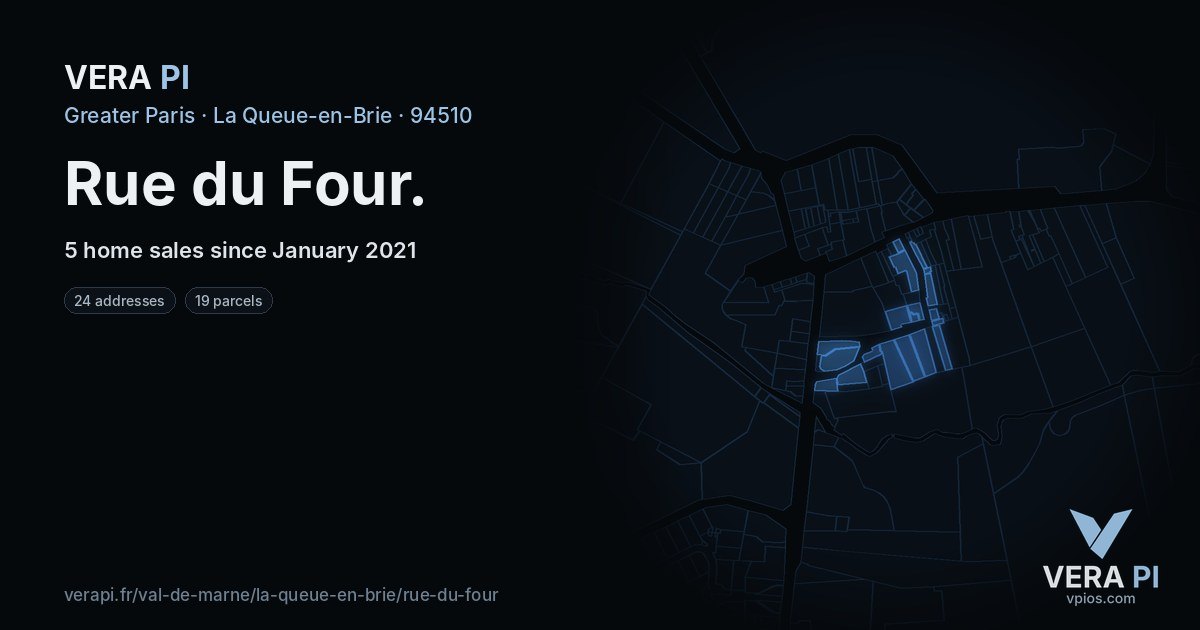 Rue du Four, La Queue-en-Brie at night – every parcel coloured by the prices around it, the street's own parcels lit