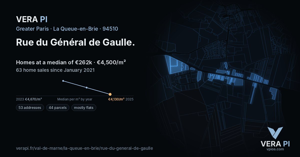 Rue du Général de Gaulle, La Queue-en-Brie at night – every parcel coloured by the prices around it, the street's own parcels lit