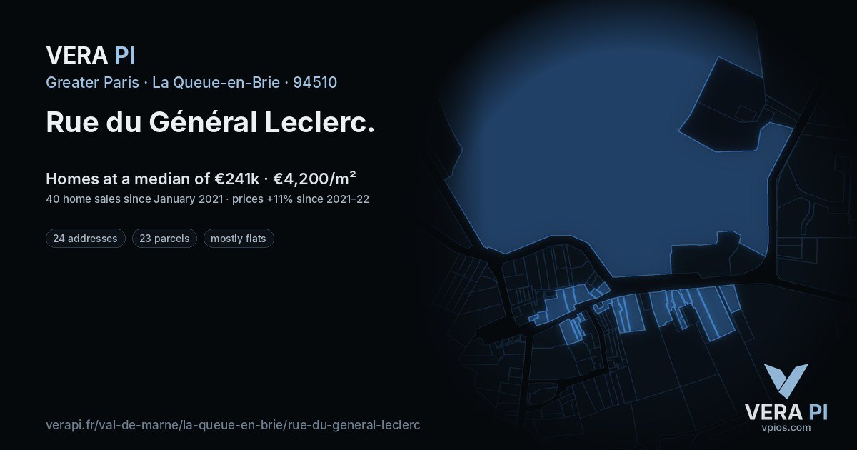 Rue du Général Leclerc, La Queue-en-Brie at night – every parcel coloured by the prices around it, the street's own parcels lit