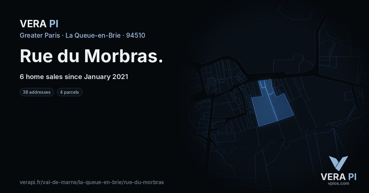 Rue du Morbras, La Queue-en-Brie at night – every parcel coloured by the prices around it, the street's own parcels lit