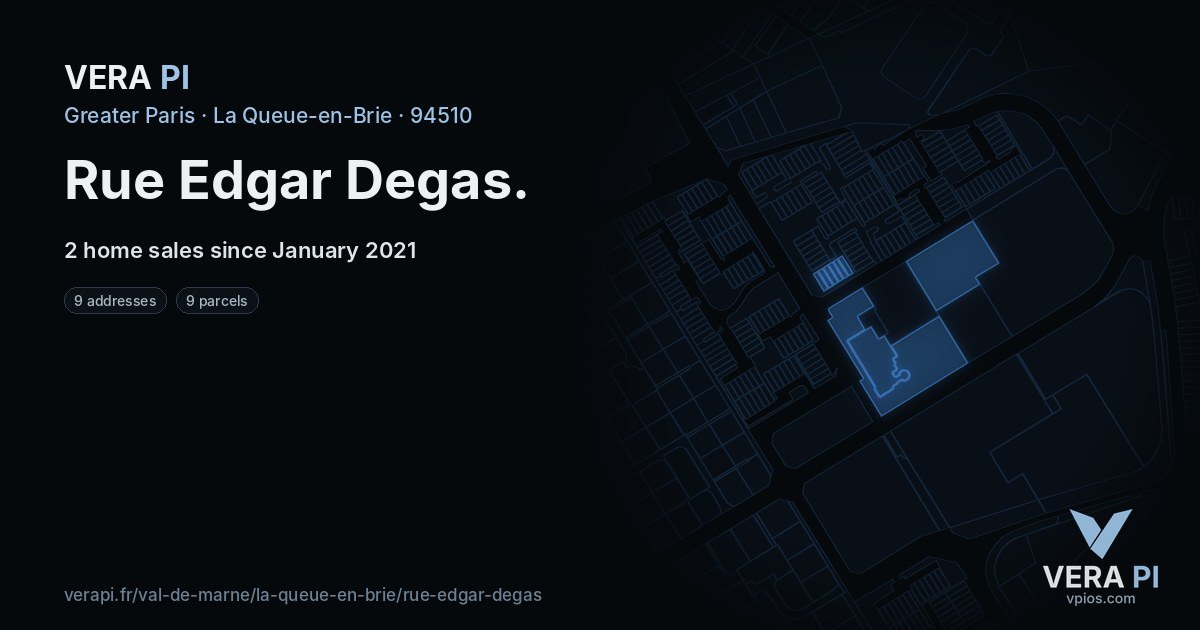 Rue Edgar Degas, La Queue-en-Brie at night – every parcel coloured by the prices around it, the street's own parcels lit