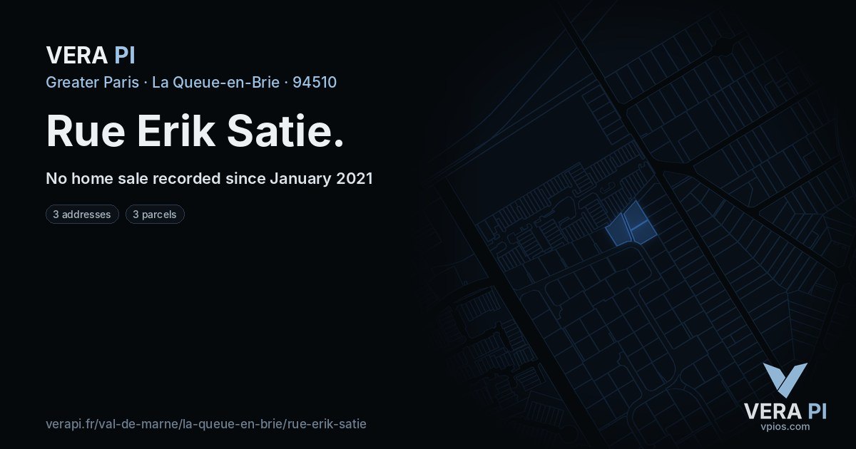 Rue Erik Satie, La Queue-en-Brie at night – every parcel coloured by the prices around it, the street's own parcels lit
