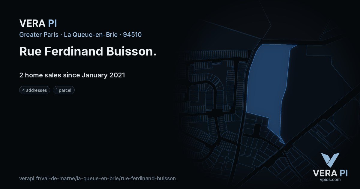 Rue Ferdinand Buisson, La Queue-en-Brie at night – every parcel coloured by the prices around it, the street's own parcels lit