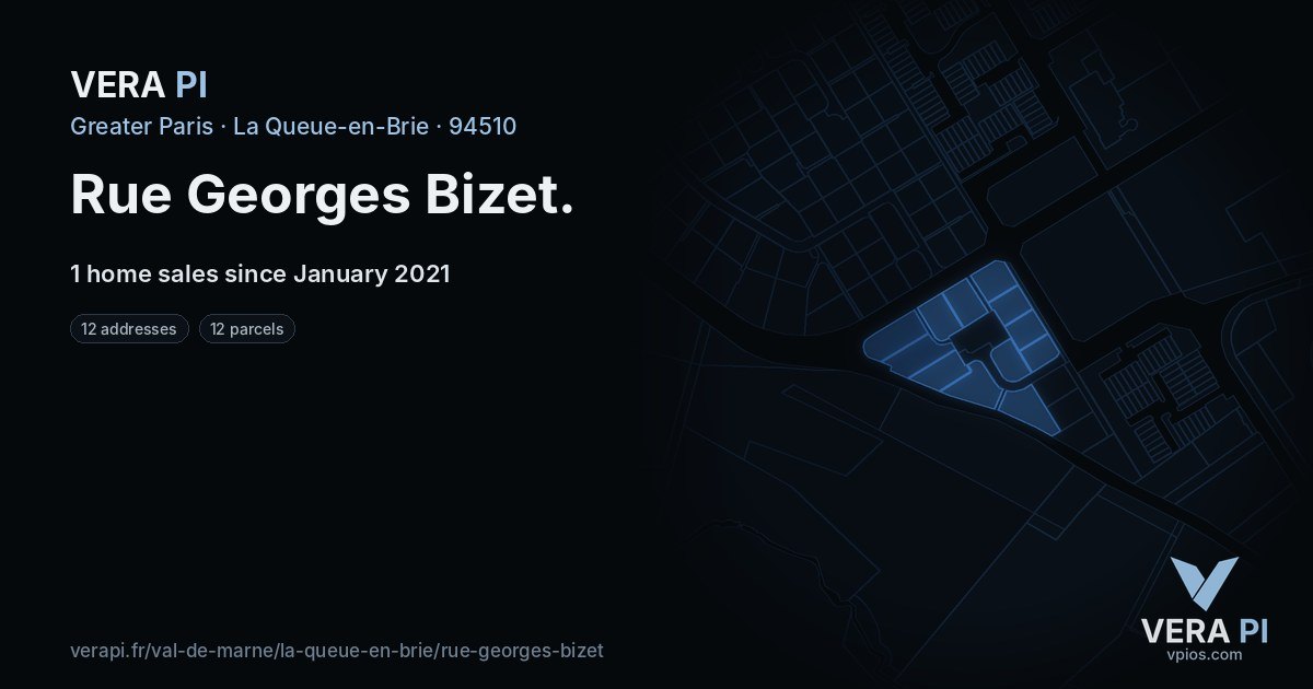 Rue Georges Bizet, La Queue-en-Brie at night – every parcel coloured by the prices around it, the street's own parcels lit
