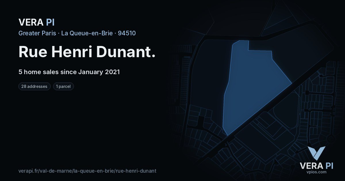 Rue Henri Dunant, La Queue-en-Brie at night – every parcel coloured by the prices around it, the street's own parcels lit