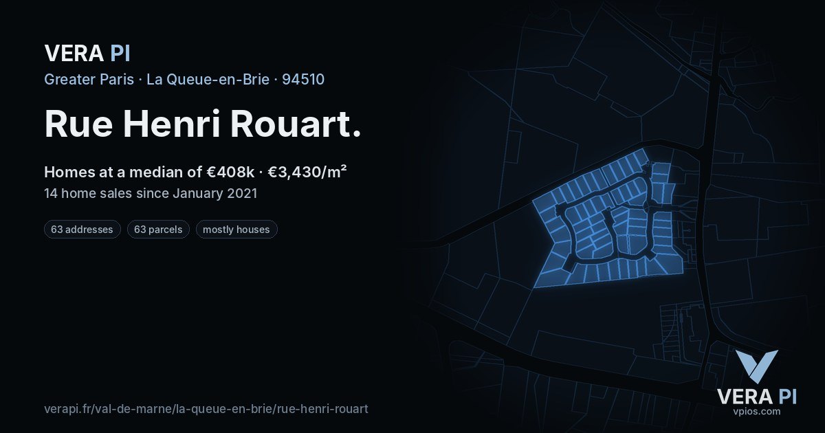 Rue Henri Rouart, La Queue-en-Brie at night – every parcel coloured by the prices around it, the street's own parcels lit
