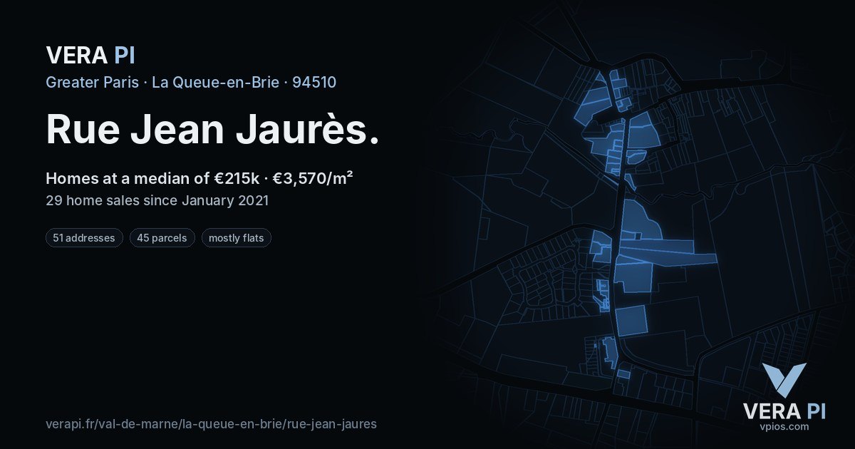 Rue Jean Jaurès, La Queue-en-Brie at night – every parcel coloured by the prices around it, the street's own parcels lit
