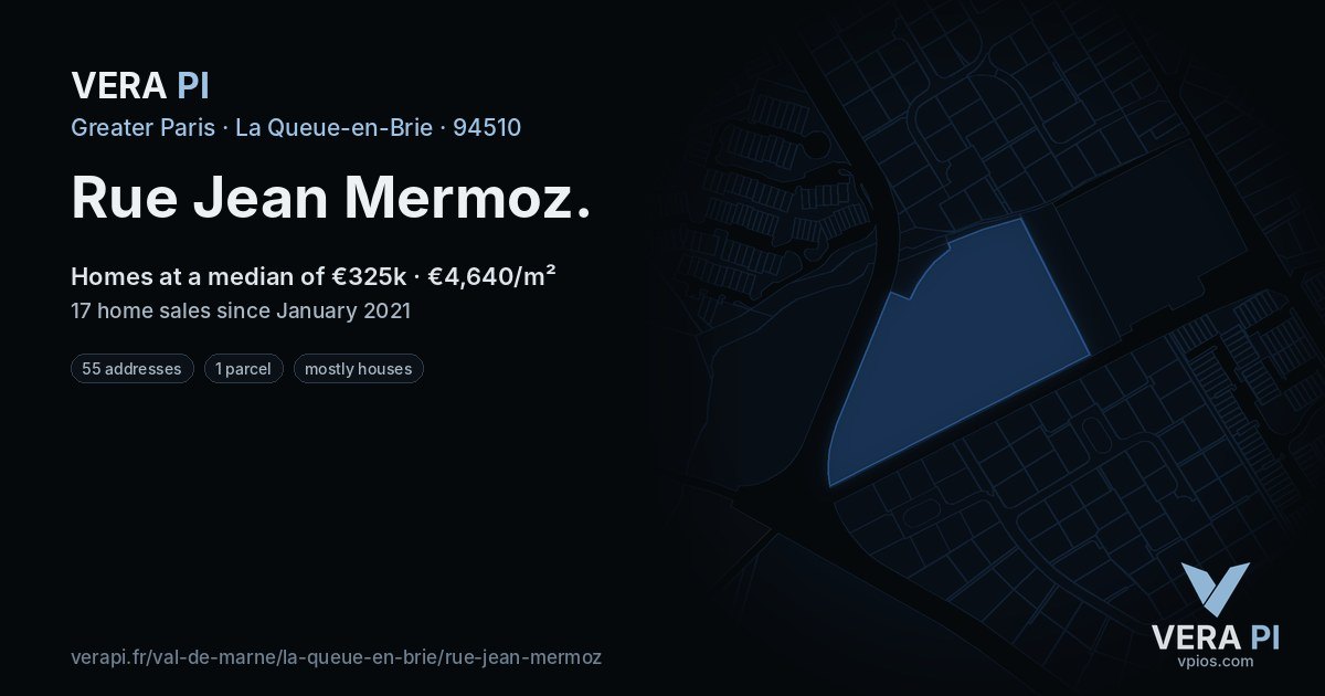 Rue Jean Mermoz, La Queue-en-Brie at night – every parcel coloured by the prices around it, the street's own parcels lit