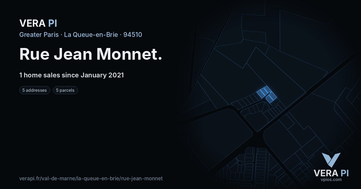 Rue Jean Monnet, La Queue-en-Brie at night – every parcel coloured by the prices around it, the street's own parcels lit