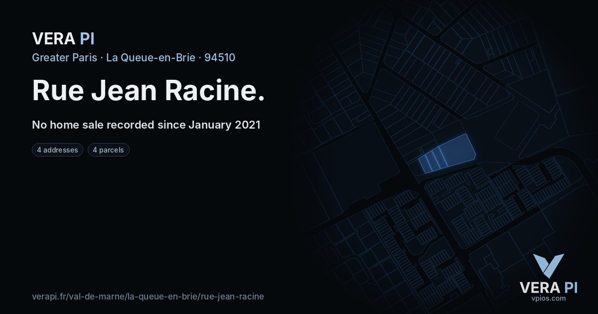 Rue Jean Racine, La Queue-en-Brie at night – every parcel coloured by the prices around it, the street's own parcels lit