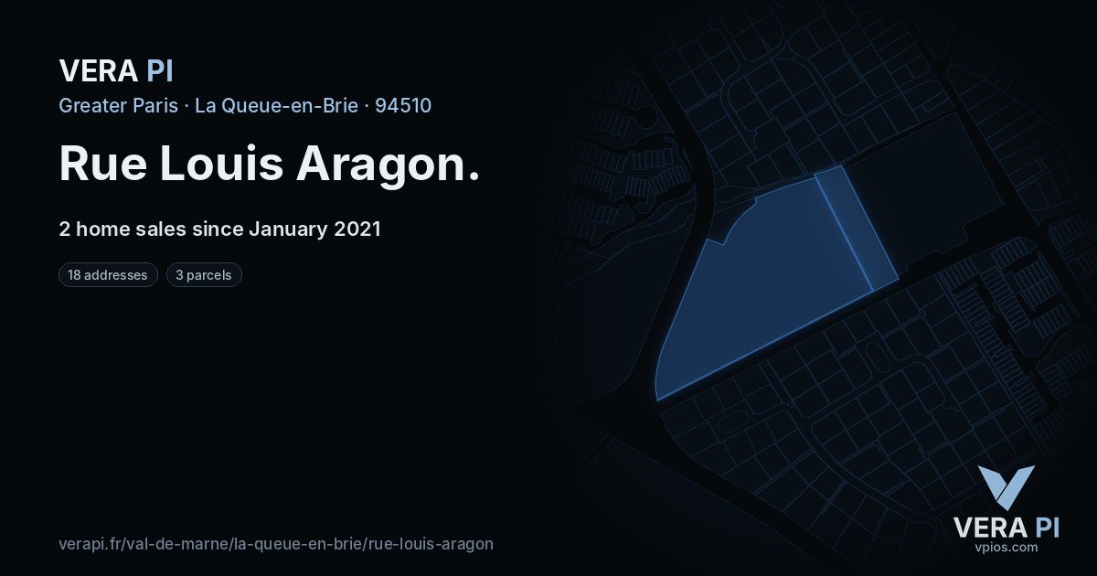 Rue Louis Aragon, La Queue-en-Brie at night – every parcel coloured by the prices around it, the street's own parcels lit