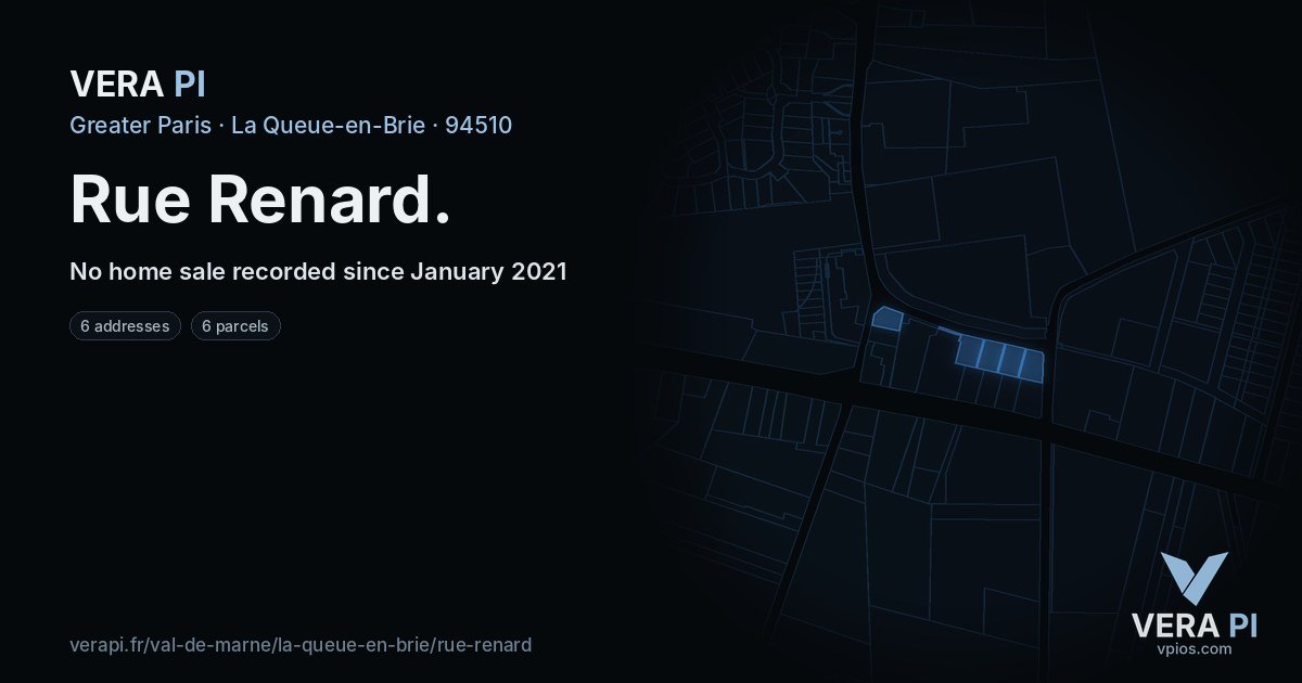 Rue Renard, La Queue-en-Brie at night – every parcel coloured by the prices around it, the street's own parcels lit