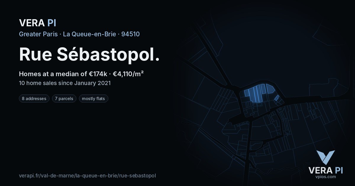 Rue Sébastopol, La Queue-en-Brie at night – every parcel coloured by the prices around it, the street's own parcels lit