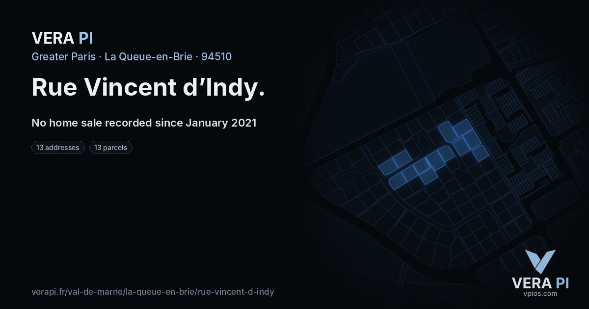 Rue Vincent d’Indy, La Queue-en-Brie at night – every parcel coloured by the prices around it, the street's own parcels lit