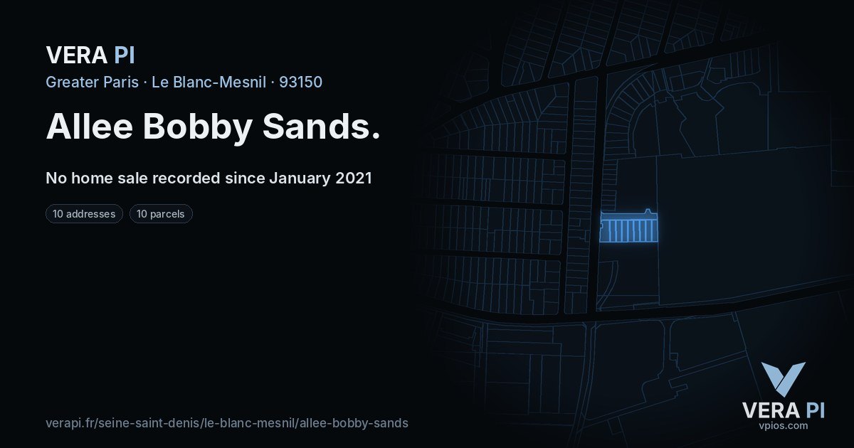 Allee Bobby Sands, Le Blanc-Mesnil at night – every parcel coloured by the prices around it, the street's own parcels lit