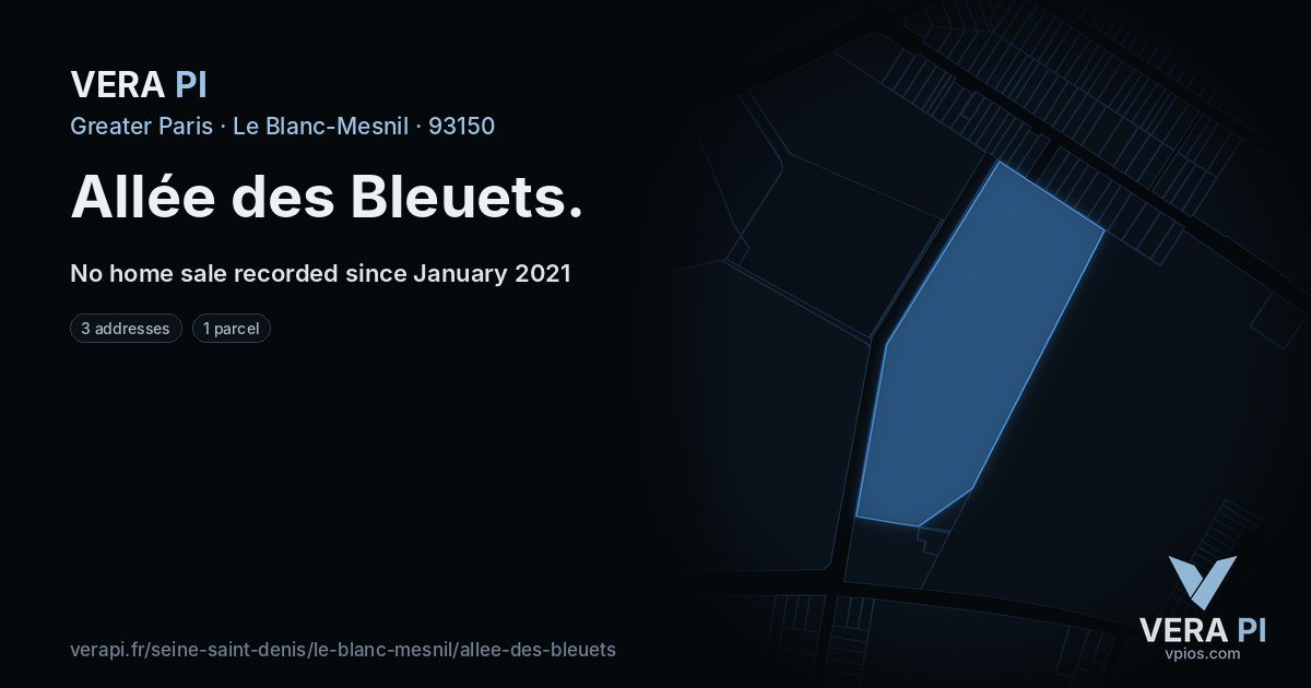 Allée des Bleuets, Le Blanc-Mesnil at night – every parcel coloured by the prices around it, the street's own parcels lit