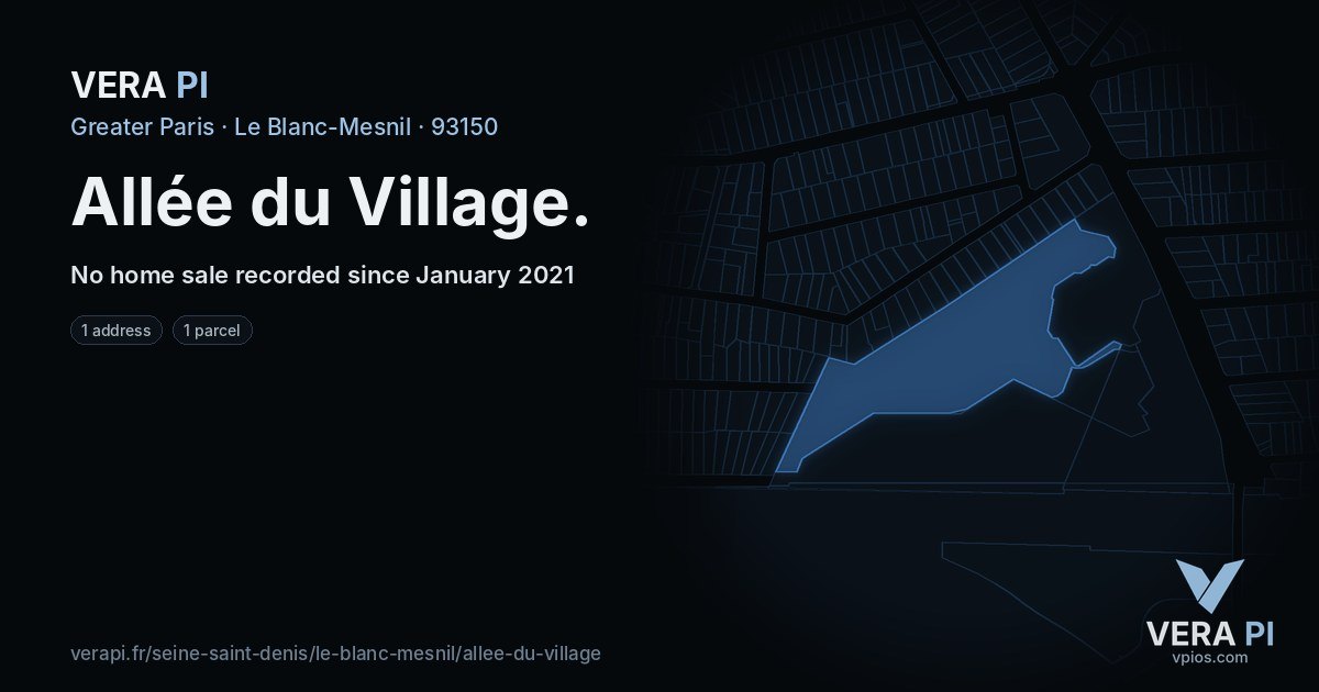 Allée du Village, Le Blanc-Mesnil at night – every parcel coloured by the prices around it, the street's own parcels lit