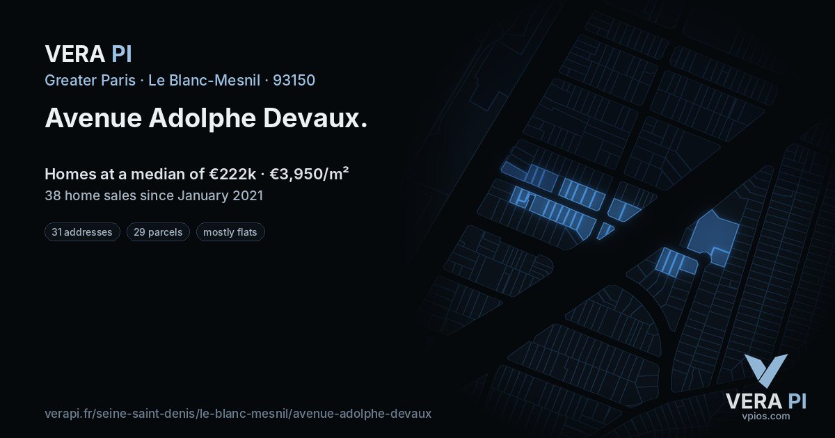 Avenue Adolphe Devaux, Le Blanc-Mesnil at night – every parcel coloured by the prices around it, the street's own parcels lit
