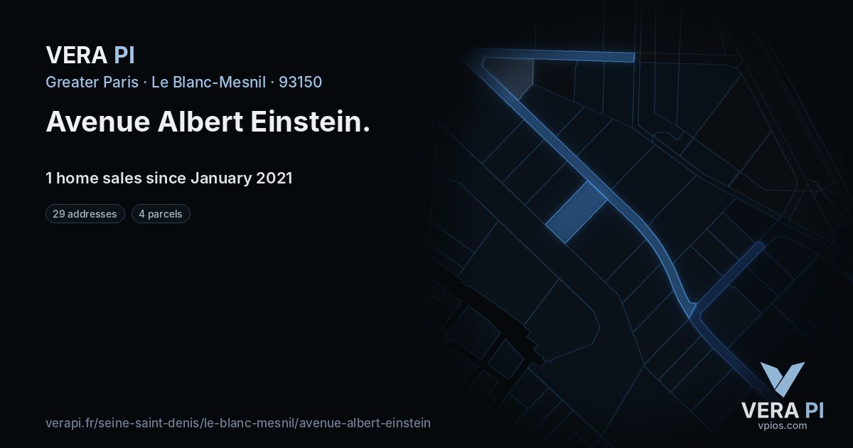 Avenue Albert Einstein, Le Blanc-Mesnil at night – every parcel coloured by the prices around it, the street's own parcels lit