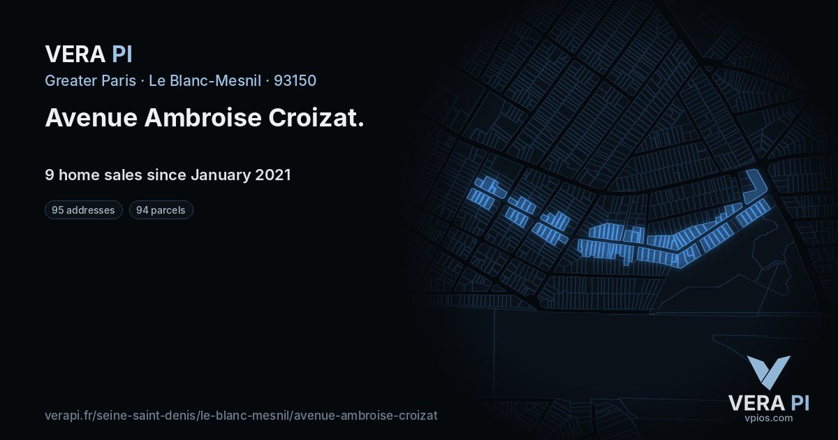 Avenue Ambroise Croizat, Le Blanc-Mesnil at night – every parcel coloured by the prices around it, the street's own parcels lit