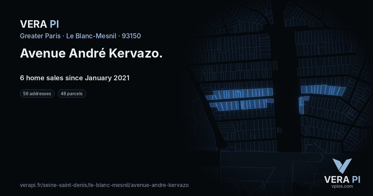 Avenue André Kervazo, Le Blanc-Mesnil at night – every parcel coloured by the prices around it, the street's own parcels lit