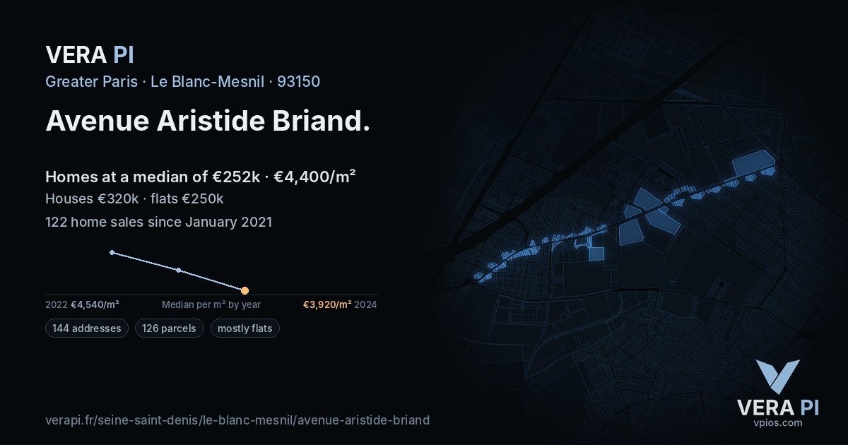 Avenue Aristide Briand, Le Blanc-Mesnil at night – every parcel coloured by the prices around it, the street's own parcels lit