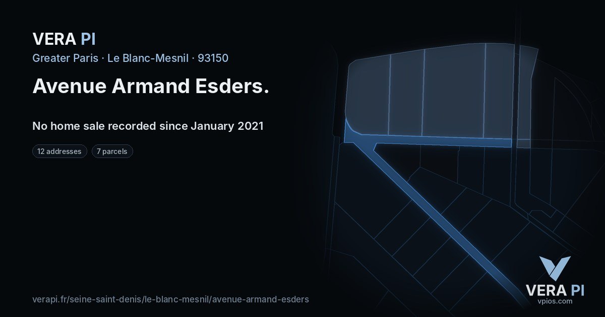 Avenue Armand Esders, Le Blanc-Mesnil at night – every parcel coloured by the prices around it, the street's own parcels lit