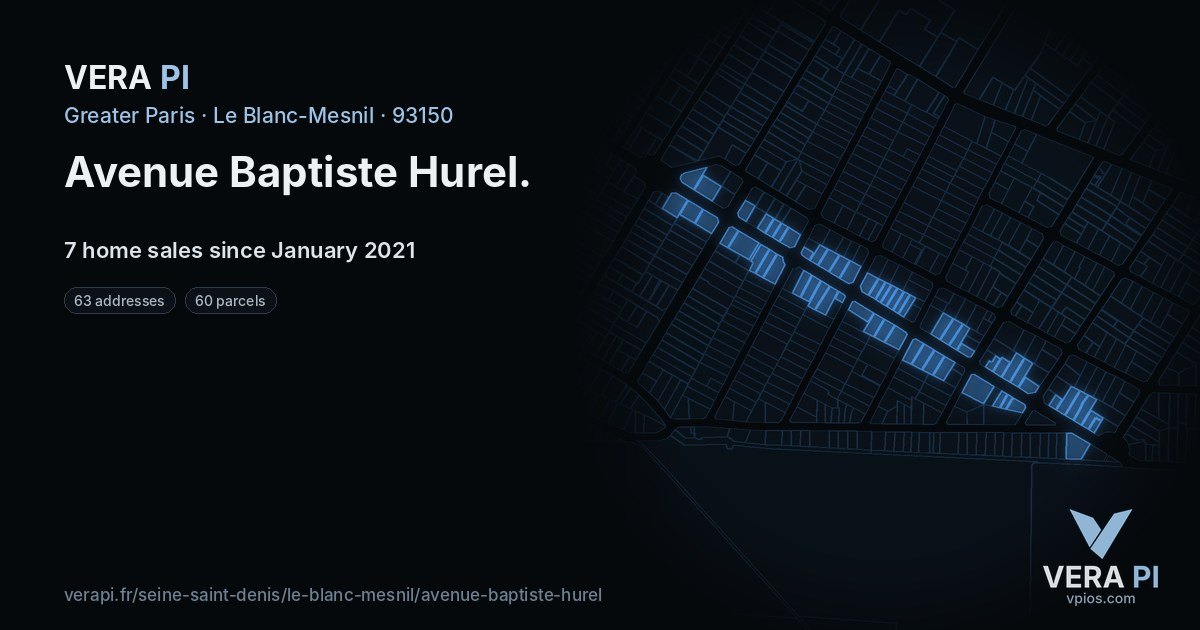 Avenue Baptiste Hurel, Le Blanc-Mesnil at night – every parcel coloured by the prices around it, the street's own parcels lit