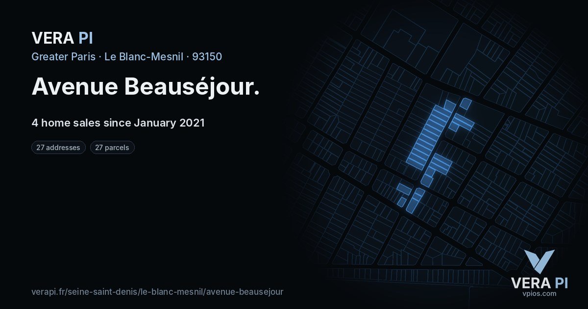 Avenue Beauséjour, Le Blanc-Mesnil at night – every parcel coloured by the prices around it, the street's own parcels lit