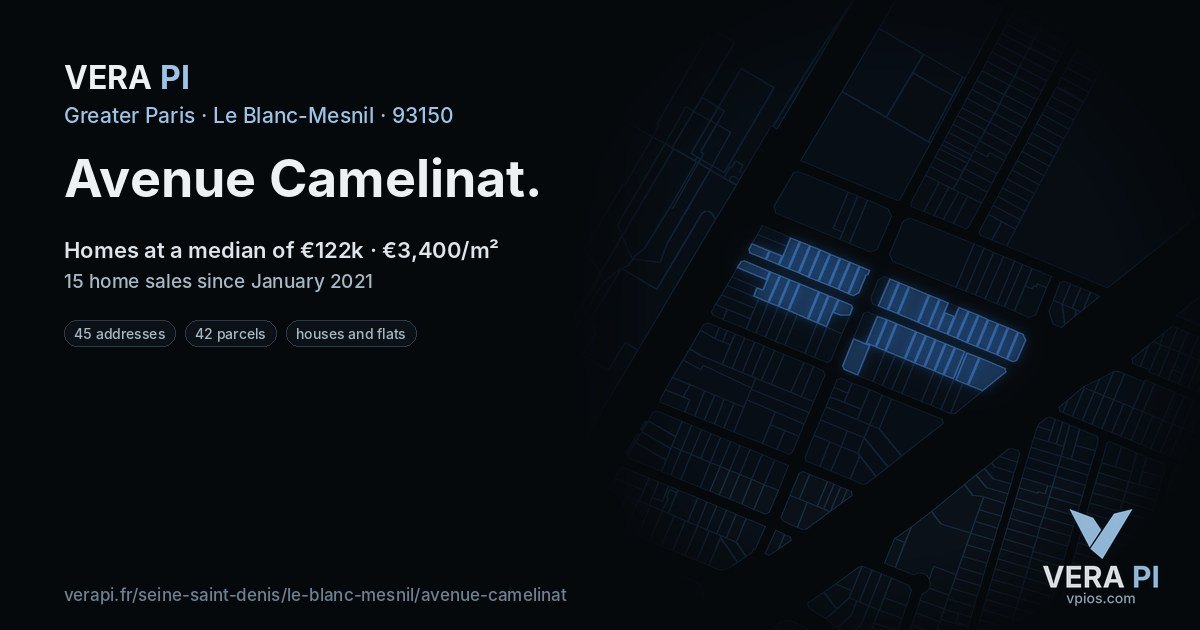 Avenue Camelinat, Le Blanc-Mesnil at night – every parcel coloured by the prices around it, the street's own parcels lit
