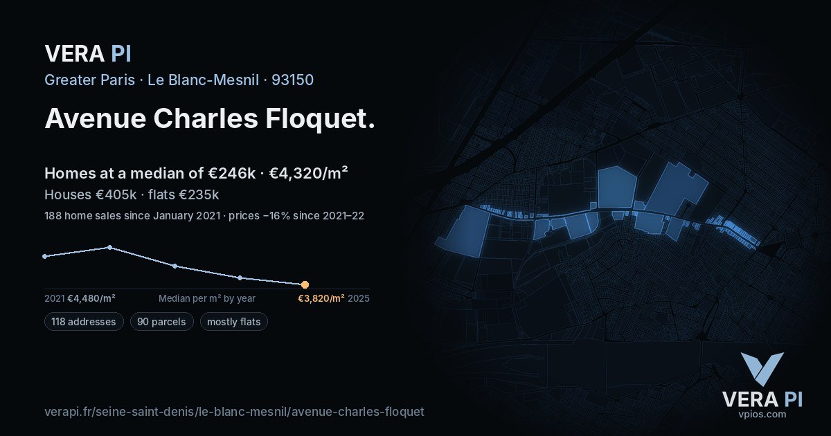 Avenue Charles Floquet, Le Blanc-Mesnil at night – every parcel coloured by the prices around it, the street's own parcels lit