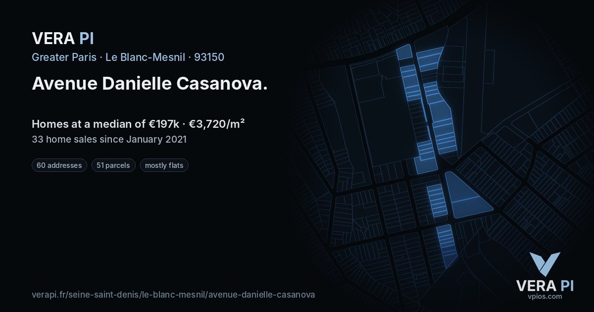 Avenue Danielle Casanova, Le Blanc-Mesnil at night – every parcel coloured by the prices around it, the street's own parcels lit
