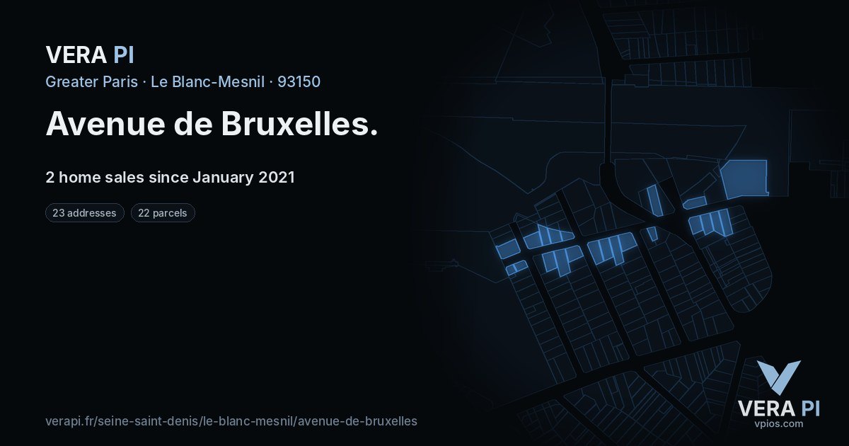 Avenue de Bruxelles, Le Blanc-Mesnil at night – every parcel coloured by the prices around it, the street's own parcels lit